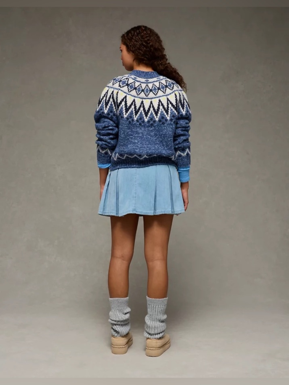 American Eagle Snow Stopper Sweater Blue Fair Isle apres ski aspen cozy mockneck - Picture 2 of 8